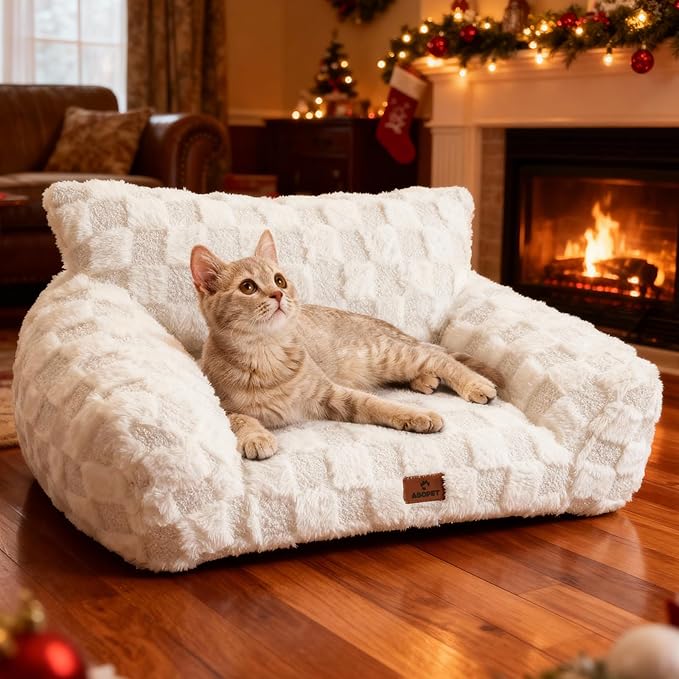 Cat Bed Cats Couch for Puppy and Kitten, Fluffy Pet Couch Small Dog Sofa Bed, Supportive Cat Sofa for Indoor Cats, Washable Cover & Non-Slip, 26 inch, White