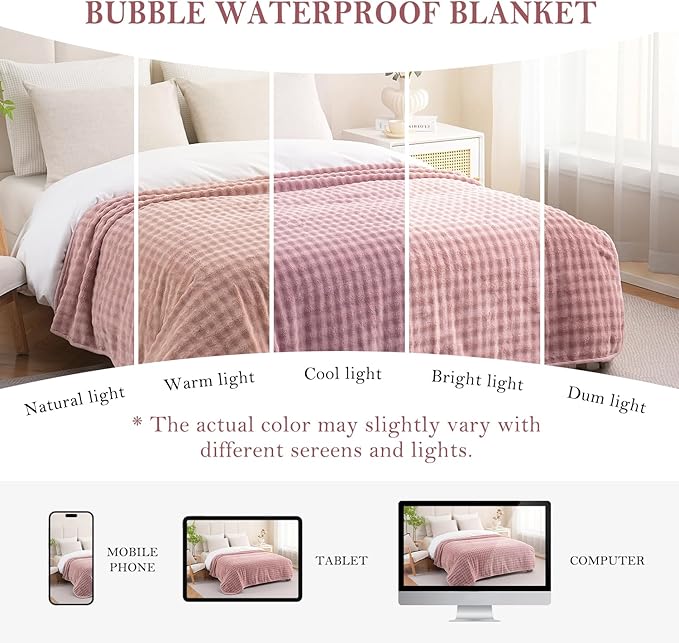 Waterproof Blanket for Bed Couch Sofa Car, Soft Leakproof Dog Blanket with 3D Bubble Pattern, Reversible Water Proof Pet Blankets for Dogs Cats Puppies (50"x60", Dusty Pink)