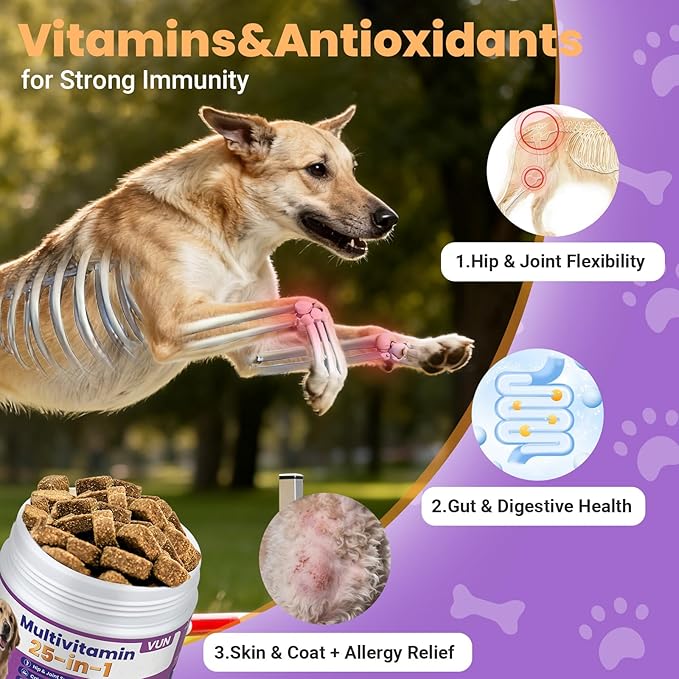 Dog Multivitamin 25 in 1 Dogs Vitamins Supplements Treats Chewable for Pet Omega-3 Glucosamine Vitamin for Puppy Supplies Skin Coat, Heart, Hips & Joints, Digestion & Immune System 100pcs