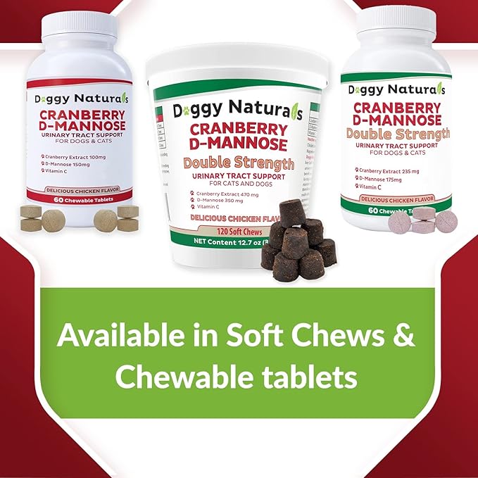 Cranberry D-Mannose for Dogs and Cats Urinary Tract Infection Support Prevents and Eliminates UTI, Bladder Infection Kidney Support, Antioxidant (Single Strength Tablet, 60 Count)