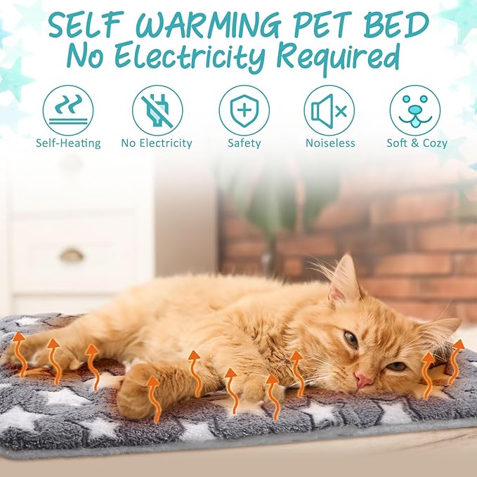 VitalCozy 2 Pack Self Warming Cat Mat Self Heating Pad Bed Reversible Machine Washable Reflects Body Heat Warm Thermal Pet Pad Crate Blanket for Feral and Indoor Cat (Grey,36'' X 24'',Star)