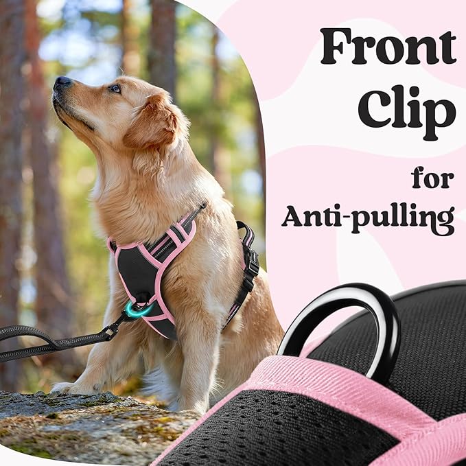 rabbitgoo Dog Harness for Large, No Pull Pet Harness with 3 Buckles, Adjustable Soft Padded Vest with Control Handle, Walking Reflective Pet Vest for Extra Large Dogs, Black & Pink, XL