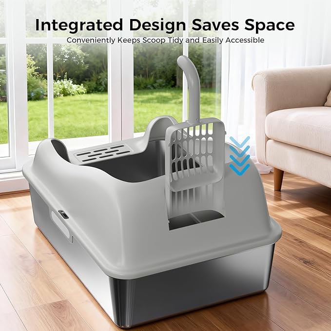 GTPLAYER Stainless Steel Cat Litter Box XL - Extra Large High-Sided Open-Top Metal Litter Box for Large & Multi-Cat Homes, Splash Guard, Low Entry, Easy Clean 304 Steel with Step, Mat & Scoop, Beige