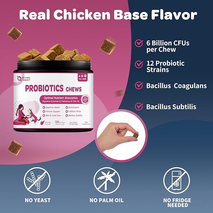 NATURE TARGET Probiotics for Dogs & Digestive Enzymes for Digestive Health - Plus Fish Oil & Vitamins Supplement for Allergies & Immune & Itchy Skin, 120 Chicken Flavor Probiotic Soft Chews