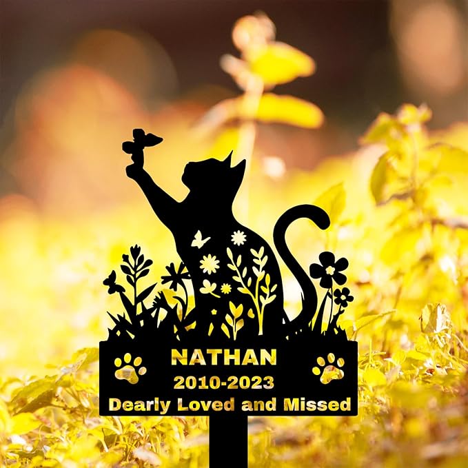 Custom Flowers Cat Memorial Grave Marker, Personalized Butterfly Cat Metal Memorial Stake Outdoor Grave Marker, Customized Pet Garden Marker Loss of Cat Sympathy Gift Memorial Plaque