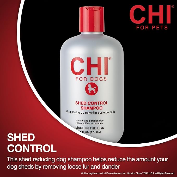 CHI for Dogs Shed Control Shampoo with Omega Fatty Acids and Silk Protein, Dog Shampoo to Reduce Shedding, pH Balanced, Sulfate and Paraben Free, Dogs 8 Weeks+, Made in the USA, 16 Fl Oz