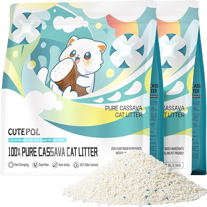 Cassava Clumping Cat Litter, Non Sticking, Rapid Clumping, Water Absorbent, Dust-Free, 11lb (2 Pack of 5.5lb Bags)