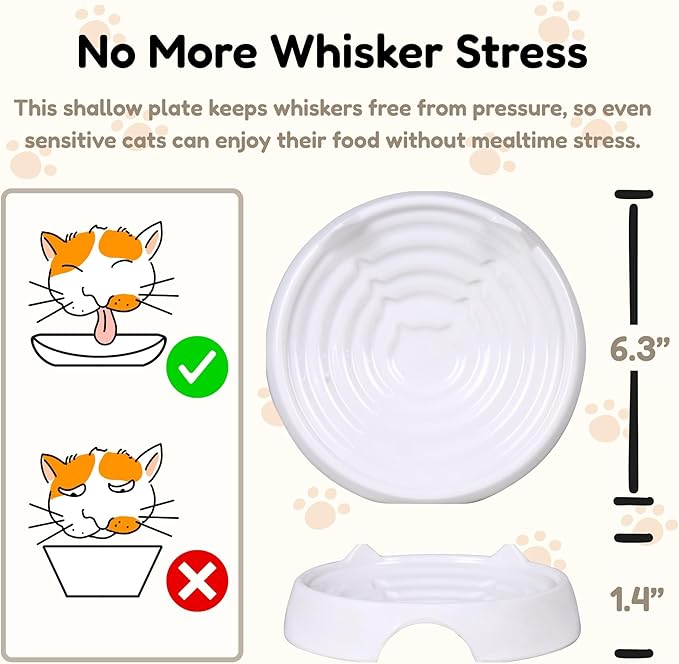 2 Pcs Whisker-Friendly Cat Food Bowl, Melamine Shallow & Wide Cat Bowl for Indoor Cats,Relieves Whisker Fatigue,Non-Slip Cat Dish for Wet and Dry Food (White*2, 6.3")