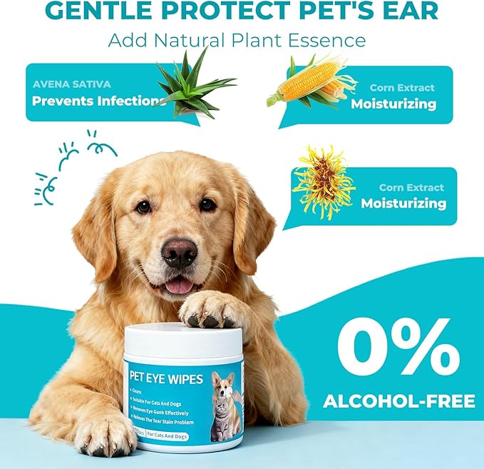 Gentle Pet Eye Wipes, Hypoallergenic Tear Stain Remover for Cats and Dogs, 100 Count Unscented Cleaning Pads with Adequate Fluid Content