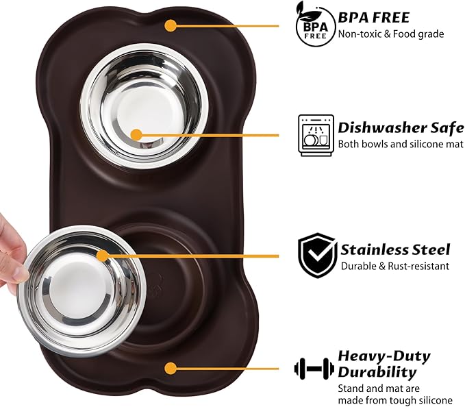 Hubulk Pet Dog Bowls 2 Stainless Steel Dog Bowl with No Spill Non-Skid Silicone Mat + Pet Food Scoop Water and Food Feeder Bowls for Feeding Small Medium Large Dogs Cats Puppies (Large, Chocolate)