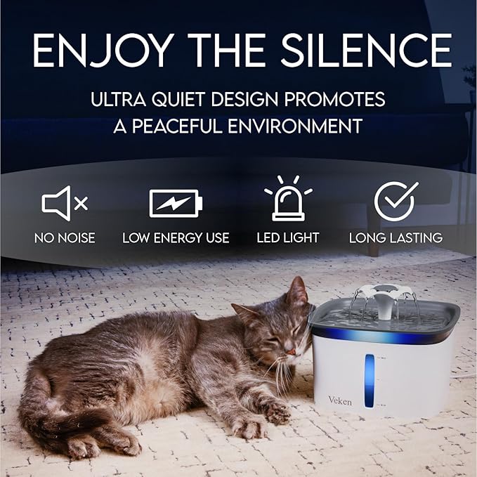 Veken Innovation Award Winner 95oz/2.8L Pet Fountain, Automatic Cat Water Fountain Dog Water Dispenser with Replacement Filters, Gifts for Cats, Dogs, Multiple Pets (Grey, Plastic)