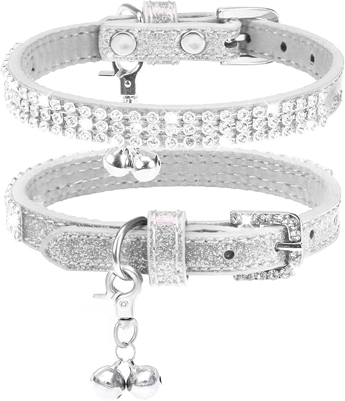 PUPTECK Basic Adjustable Cat Collar with Bling Diamond and Double Bells, for Kitten and Small Puppy, Fashion and Shining Dog Rhinestone Collars, 8-10in, Silver