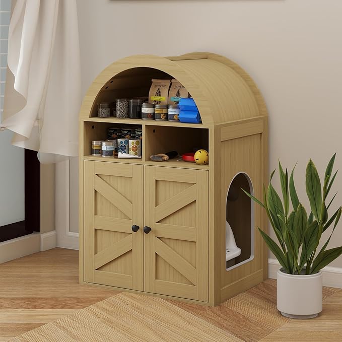 Arched Litter Box Enclosure, Cat Litter Box Furniture Hidden, Cat Washroom Bench Storage Cabinet with Double Doors and Open Shelf for Bedroom, Living Room
