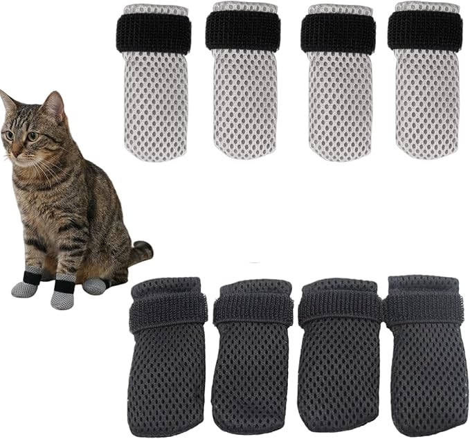 8 Pcs Cat Mittens to Prevent Scratching, Adjustable Shoes for Cats Paw Covers Booties Socks Paws Anti Scratch Non-Slip Mesh Breathable for Pet Kitten Bathing Feeding Cutting Nail Trimming(Gray+Black)