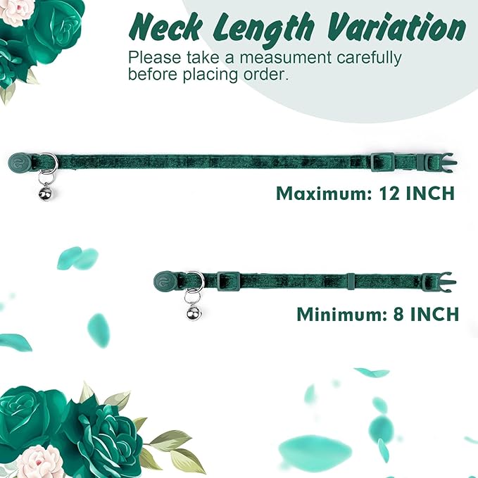 azuza 2 Pack Cat Collar Floral with Bell and Removable Flower Bowtie Breakaway Adjustable Velvet Fabric Cat Collar for Pets and Daily Decoration, Christmas Green & Light Green