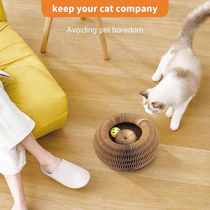 Collapsible Cats Cardboard Scratcher, Interactive Cat Toys for Indoor Cats, Scratch Pad Shape Shifting Ball Track with Bell, Magic Organ Cat Toy for Chase & Scratch Paw Toys for Kitties Pink