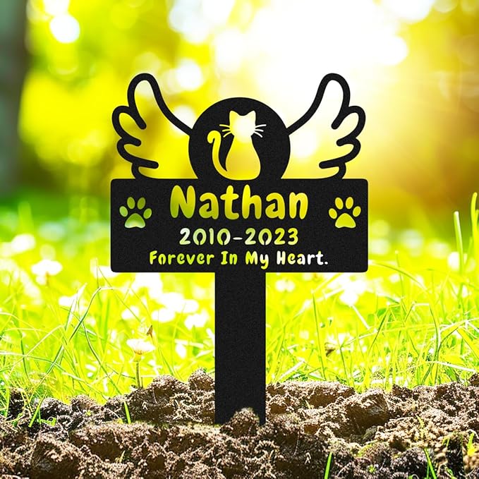 Personalized Cat Memorial Stake Grave Marker with Wings Paws, Custom Cat Memorial Grave Marker Garden Stake, Customized Metal Pet Cat Memorial Plaque Pet Grave Marker Remembrance Stake