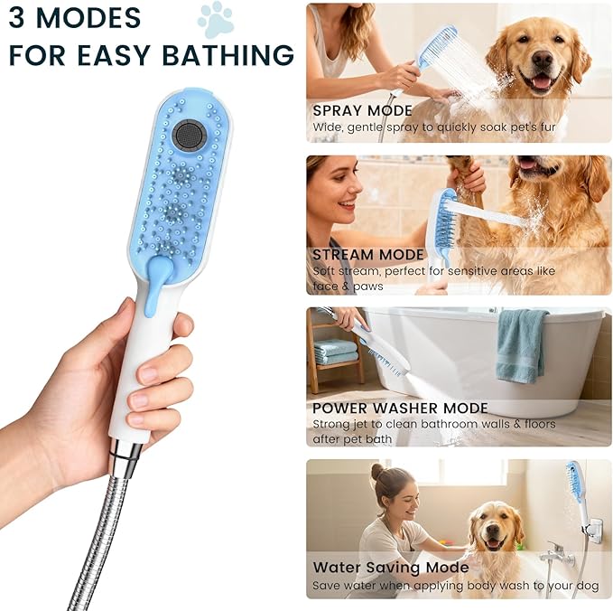 4 Mode Dog Shower Attachment, High Pressure Handheld Sprayer with ON/OFF Switch, 78 Inches Stainless Steel Hose, Diverter, Adhesive Holder, for Indoor/Outdoor Dog Bathing and Cleaning