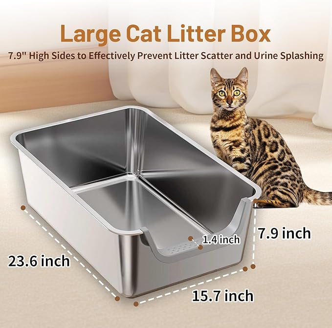 Stainless Steel Cat Litter Box, Steel Litter Pan with Curved Low Entry, Leak Proof 6 Inch High Side for Urine, Easy Entry for Kittens Older Cats, No Slip, 23.6" x 15.7" x 7.9", Grey