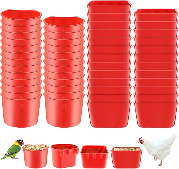 FillTouch 50 Pcs 4.9 x 3.7 x 2.4'' Cage Cups Chicken Feeders 3.2 x 3.2 x 2.4'' Cage Cups Birds Feeders Hanging Chicken Water Cups Seed Bowl Coop Cups for Parrot Poultry Pigeon Feeding Watering, Red