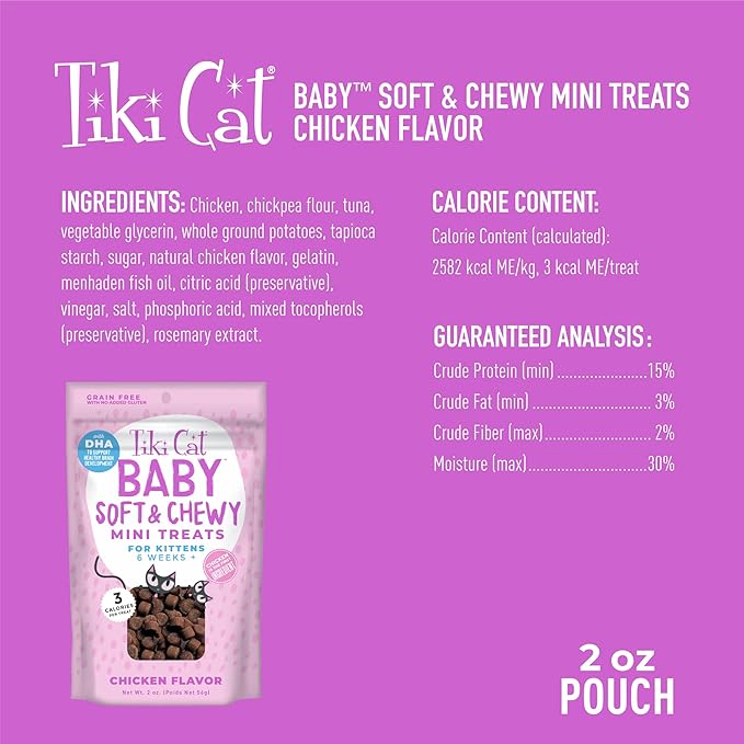 Tiki Cat Baby Soft & Chewy, Chicken Flavored, Low-Calorie, Mini Treats for Kittens 6 Weeks+, 2 oz. Pouch (Pack of 2)