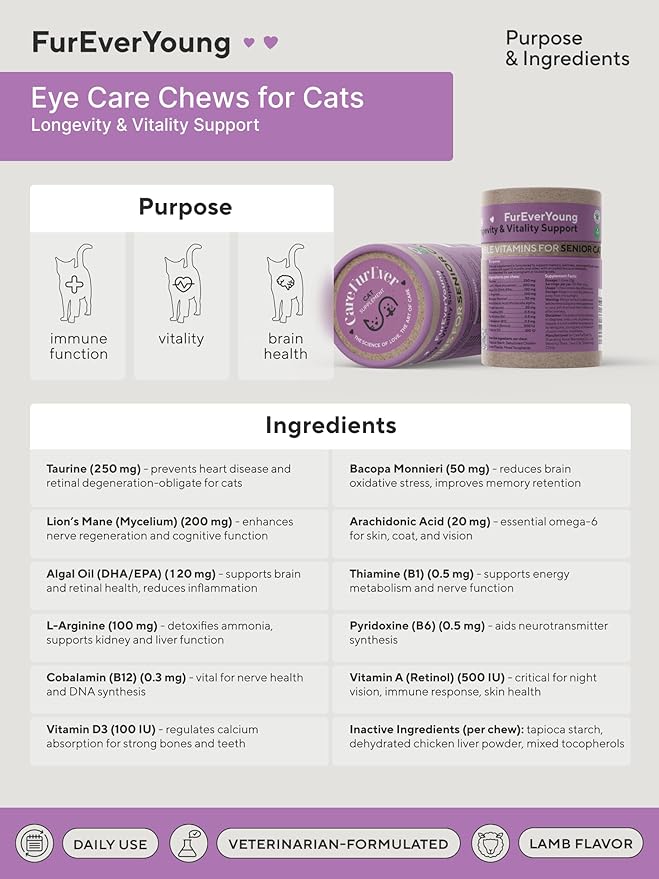 Senior Cats Vision & Brain Longevity | Premium Feline Supplement | Functional Mushroom Complex + Taurine | Vet-Formulated with DHA, Arachidonic Acid & L-Arginine