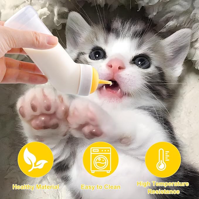 Pet Nursing Bottle for Newborn Animals,Kitten Bottle Feeding Kit Silicone Nipple for Kittens Puppys Rabbits Squirrel (Yellow, Medium)