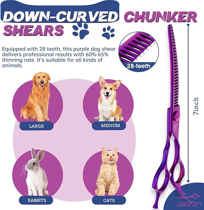 JASON 7" Ergonomic Curved Dog Scissors - Purple 440C Stainless Steel Grooming Scissors (28-Teeth, Down-Curved)
