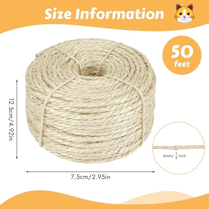 50 Feet Sisal Rope for Cat Scratching Post, 1/4 Inch Natural Cat Tree Rope, DIY Hemp Twine Rope for Repairing, Recovering Scratch Post Cats Tree Tower Replacement (Natural)