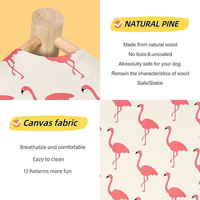 Patas Lague Cat and Dog Hammock Bed for Small Dogs, Brethable Wooden Cat Pet Rabbit Elevated Cooling Outdoor Bed Cots Furniture for All Seasons Flamingo