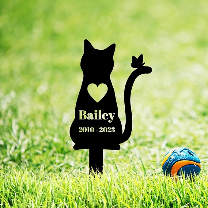 Personalized Butterfly Cat Memorial Grave Marker, Custom Memorial Cat Garden Stake Metal Pet Grave Marker, Customized Heart Cat Grave Marker Memorial Plaque Garden Cemetery Decoration