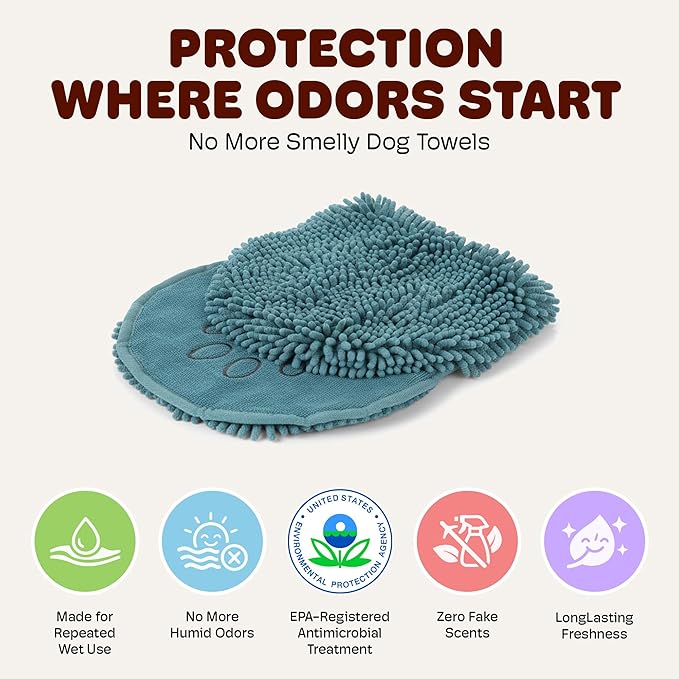 Dog Gone Smart The Dirty Dog Shammy - Antimicrobial Microfiber Dog Towel for Odor Control, Fast-Drying Plush, Dual Hand Pockets & Elastic, Super Absorbent, Machine Washable, 31 x 13 in, Pacific Blue