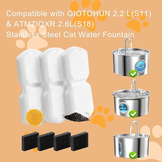 32 Pack Cat Water Fountain Filters,16 Pack Cat Water Fountain Replacement Filters & 16 Pack Pre-Filter Sponges,Fountain Filter Replacement for GIOTOHUN S11 and HOOISE 74oz
