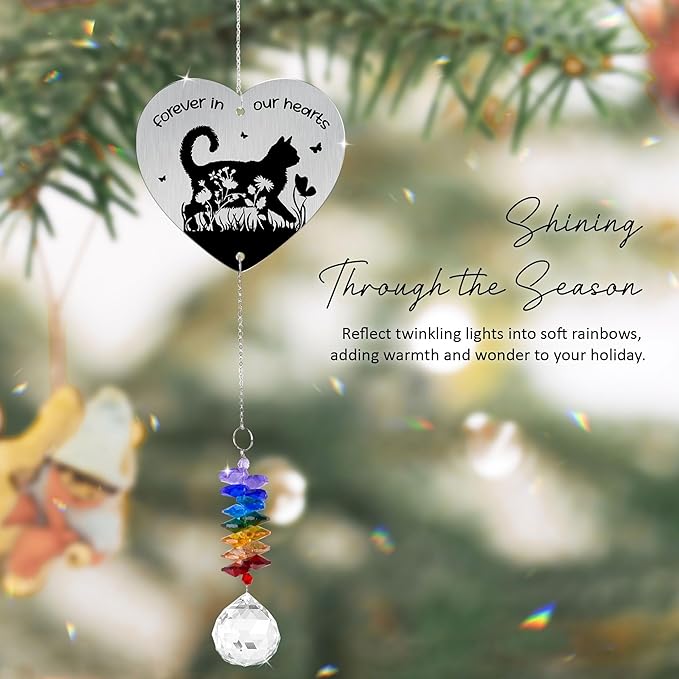 Aluminum Ornament Suncatcher - Floral Cat Silhouette - Sympathy Gift for Loss of Cats - Christmas Mother's Day Father's Day Birthday Gifts for Women, Men - Heartfelt Keepsake for Cat Lovers