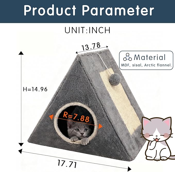 Cat Beds for Indoor - 2 in 1 Cat Cave House Tent for Kittens and Small Pets with Fluffy Ball Hanging and Scratch Pad,Foldable Kitten Hideaway with Non-Slip Bottom, Grey, 17 inches