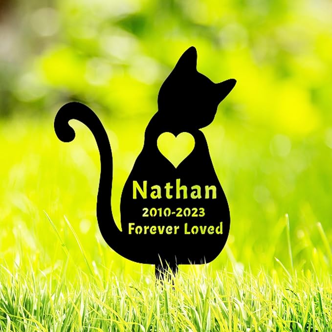 Custom Pet Cat Memorial Grave Marker Metal Garden Stake, Personalized Cat Memorial Stake Sympathy Cat Grave Marker with Heart, Customized Cat Engraved Sign Burial Stake Cat Loss Gift