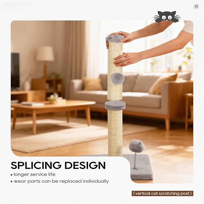 Dkelincs 22" Cat Scratching Post Premium Sisal Kitten Scratcher with Hanging Ball for Indoor Cats, Cat Scratch Post for Living Room & Bedroom, Ideal for Kittens or Smaller Cats (Light Gray, 22 Inch)