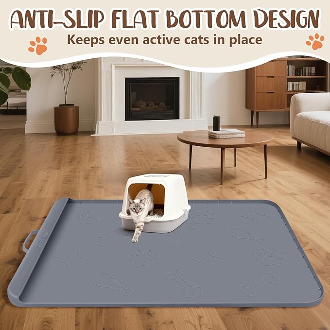 Silicone Cat Litter Mat with Collection Pocket, 42" x 28" Large Cat Litter Box Mat Waterproof Anti-Slip Litter Trapping Mat with Edge and Handle Pet Placemat for Floors (Dark Grey)