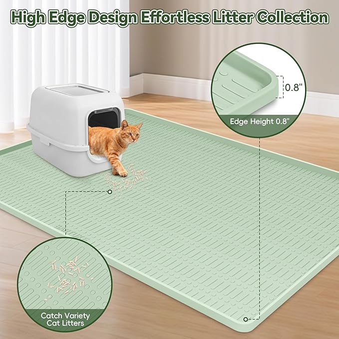 Kalolary Large Cat Litter Box Mat, 47" x 35" Silicone Litter Trapping Mat for Cats, Trapping Mat for Scatter Control with Raised Edge Waterproof Silicone Pad for Floor Easy to Clean (Light Green)