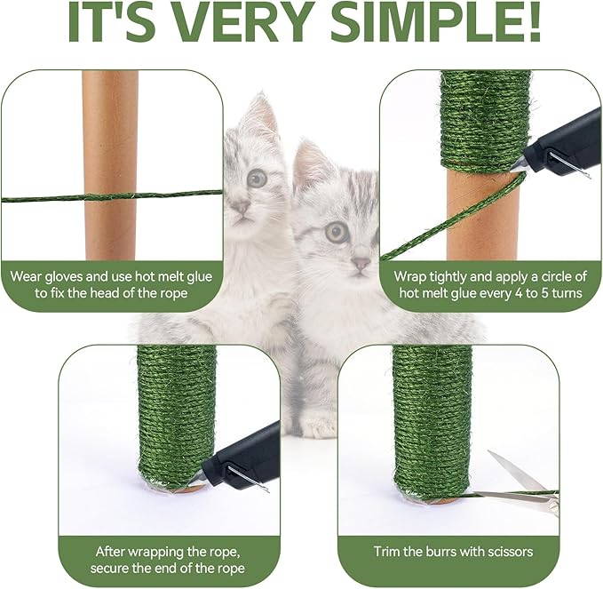 Green Natural Sisal Rope for Cat Scratcher Tree Thick 5-mm 1/5 Inch by 50 Feet, Cat Tower Climbing Twine for Cat Scratching Post Replacement, Scratch Post Repairing, Replace, Recovering and DIY