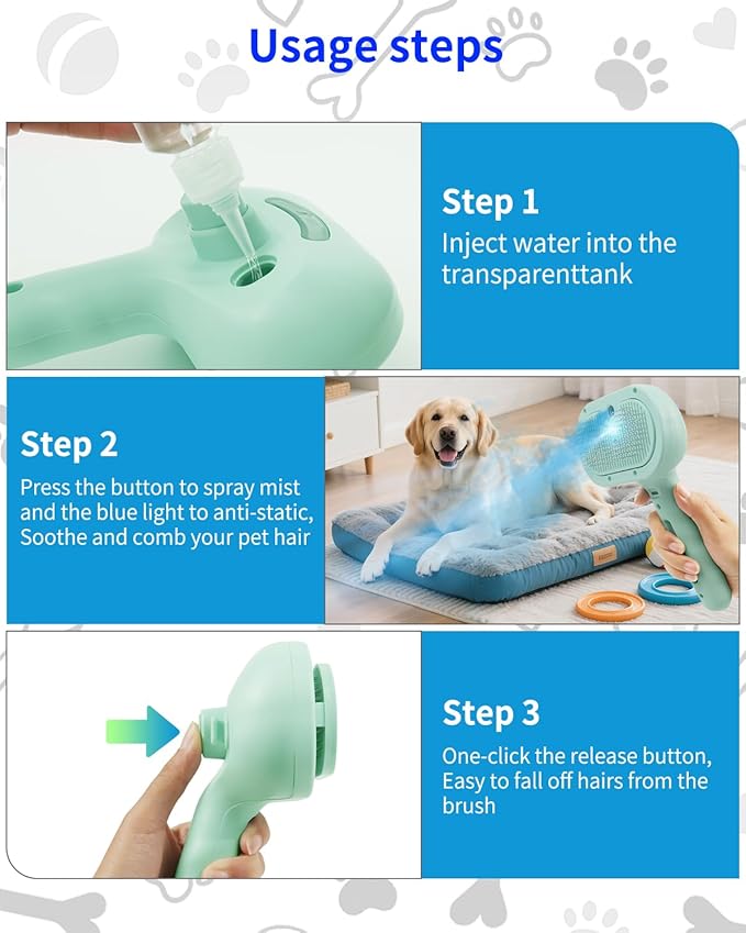 Dog Steam Brush 3 in 1 Cat Brushes with Steam, Release Button Grooming Brush for Pets Cats Dogs, Hair Removal Shedding for Small Animals Long Short Haired - Green