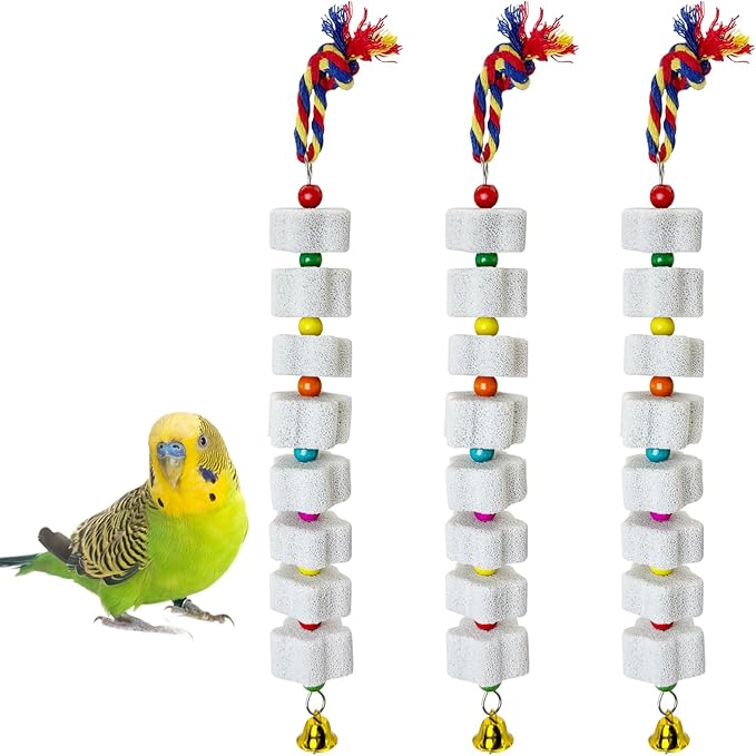 3 Pack Bird Chewing Toy Lava Calcium Bird Beak Grinding Stone with Bell Hanging Parakeet Cage Accessories for Parrot Budgies Hamster Chinchilla Rabbit African Grey