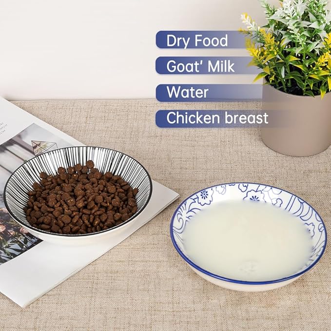 HAPPY KIT 2pcs Ceramic Cat Food Bowls for Indoor Cats Set,5.7 inch Colorful Cute Feeding Plate with Non Slip Mat,8.5oz Cat Dish/Dishes,Wide Shallow Bowl Whisker Friendl