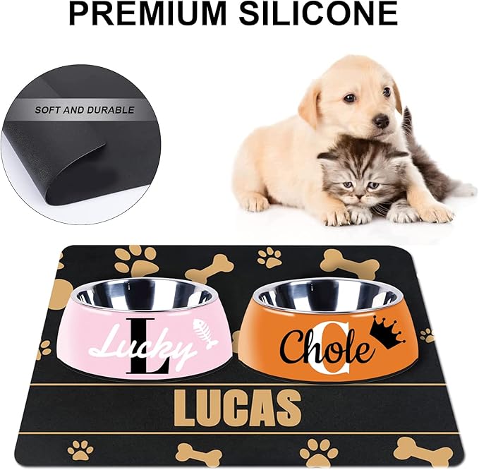 Personalized Cat Dog Food Mat - Non-Slip, Waterproof, Custom Pet Mat with Golden Bone and Paw Prints