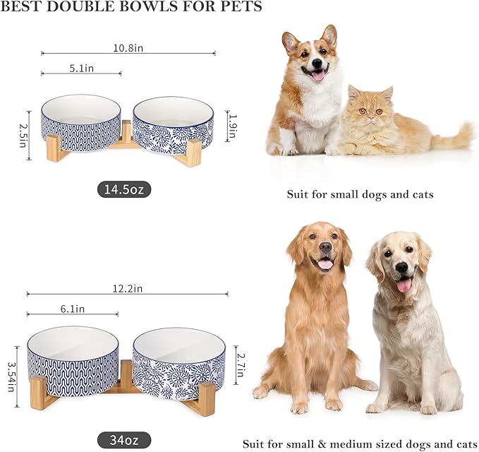 Selamica Ceramic 14 OZ Dog Bowls, Dog Food and Water Bowls with Wooden Stand, Anti-Slip Dogs Dishes Set for Cats & Small Dogs, Weighted Pet Bowls Set of 2, Vintage Blue B