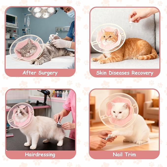 Soft Adjustable Cat Recovery Collar, Lightweight Waterproof Elizabethan Cone for Cats – Comfortable Protective Collar to Prevent Licking After Surgery, Grooming & Skin Care (Pink, L)