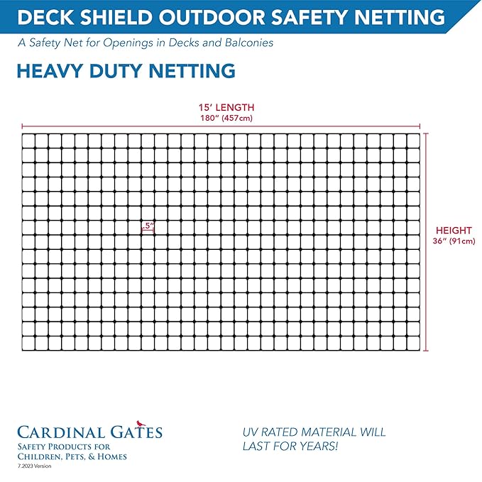 Cardinal Gates DSHD15 Heavy-Duty Outdoor Deck Netting - Plastic Balcony Netting for Pets & Kids - 15ft X 3ft Banister Safety Net - Apartment Railing Screen Guard - Cat Net - Made in USA – Natural