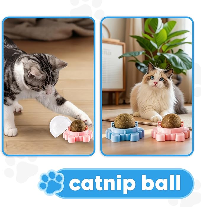 Catnip Balls 4 Pack Wall Mounted Catnip Balls 360° Rotatable Interactive Cat Toys for Indoor Cats Anxiety Relief & Teeth Cleaning Chew Toys