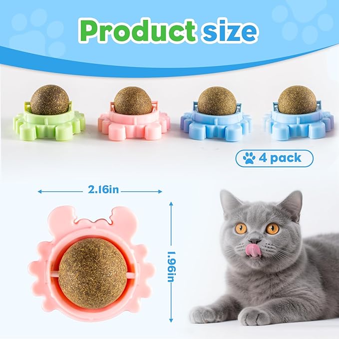 Catnip Balls 4 Pack Wall Mounted Catnip Balls 360° Rotatable Interactive Cat Toys for Indoor Cats Anxiety Relief & Teeth Cleaning Chew Toys
