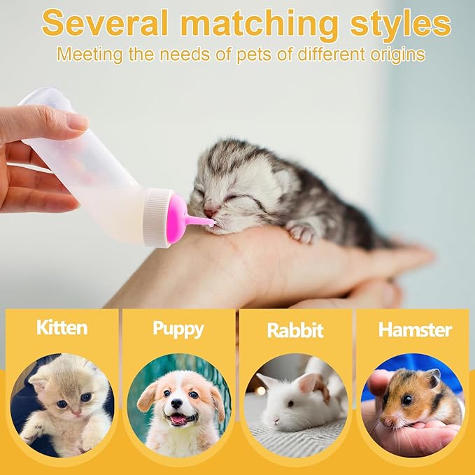 Kitten Nursing Nipple with Syringe, Wide Mouth Angled Puppy Feeding Bottles, with Ventilation Valve Resistant Tearing for Puppies, Kittens, Rabbit, Small Wildlife (M Nipple,Pink)